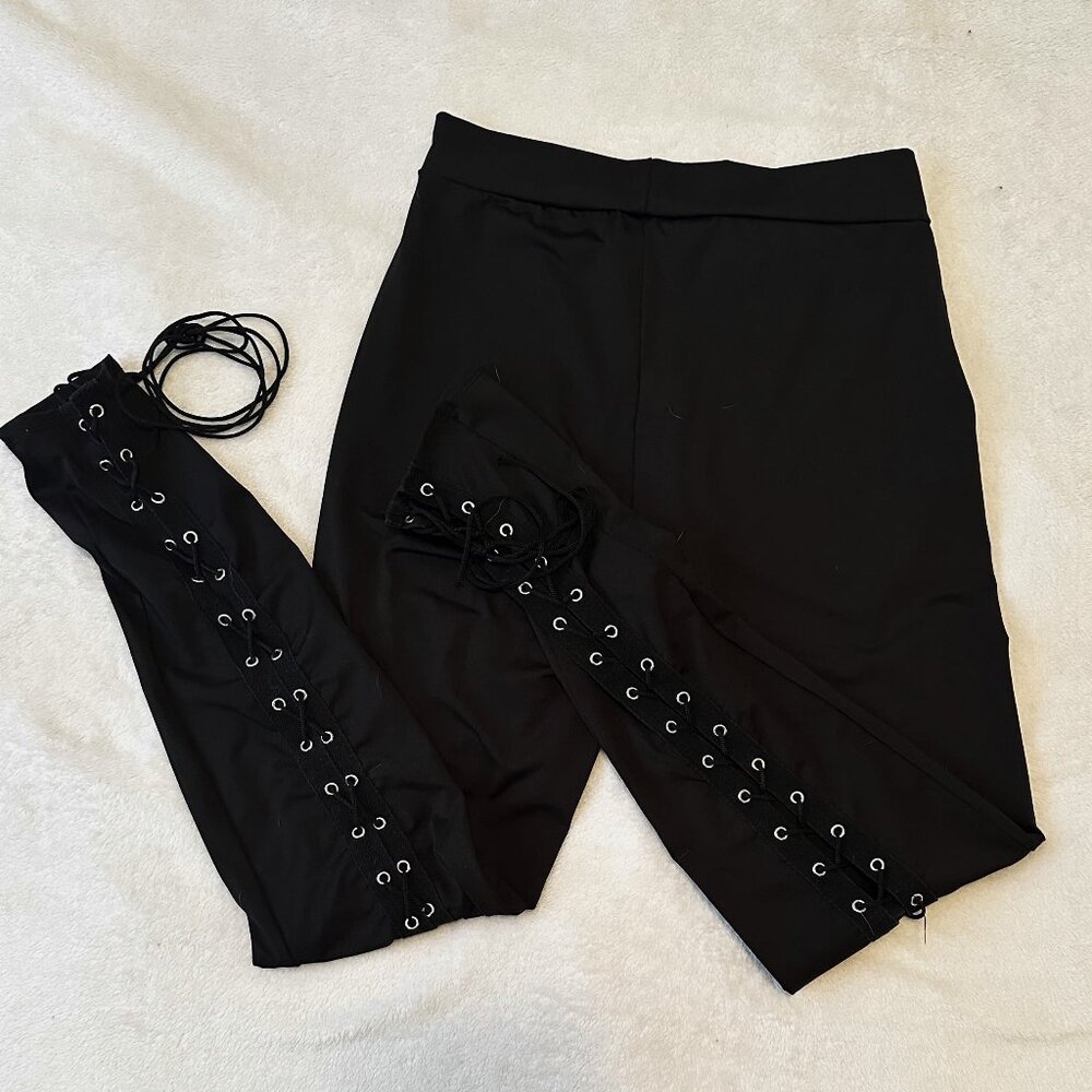 Black Lace Up Leggings Corset Style Side Tie Athleisure Pants
